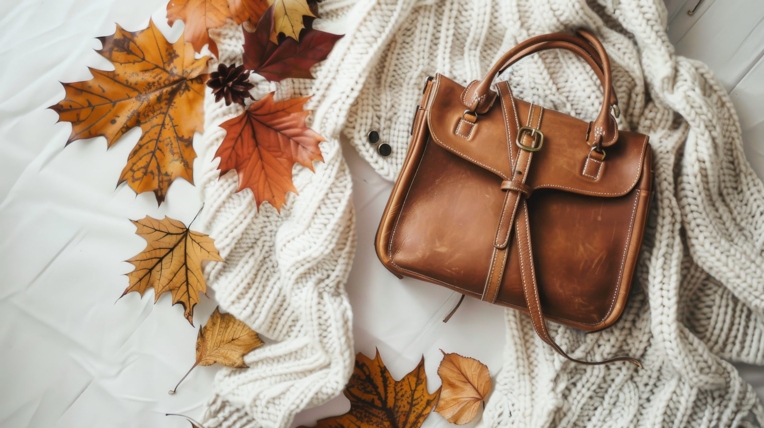 Cozy autumn scene with a leather bag placed on a knitted blanket, surrounded by scattered fall leaves, evoking warmth and comfort.